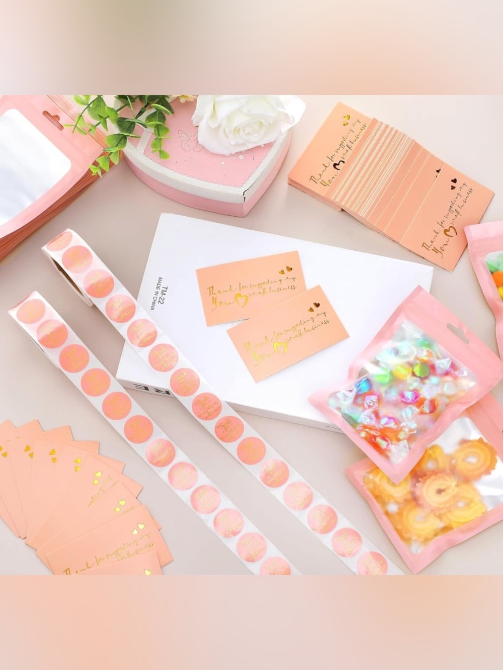 570 Thank you Stickers + Cards + Gift Bags Mail Package Set Pink & Gold - Picture 2 of 4